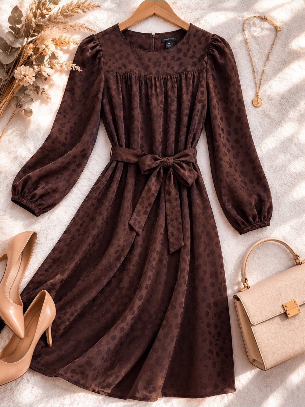 Ann Taylor Chocolate Brown Long-Sleeve Belted Midi Dress